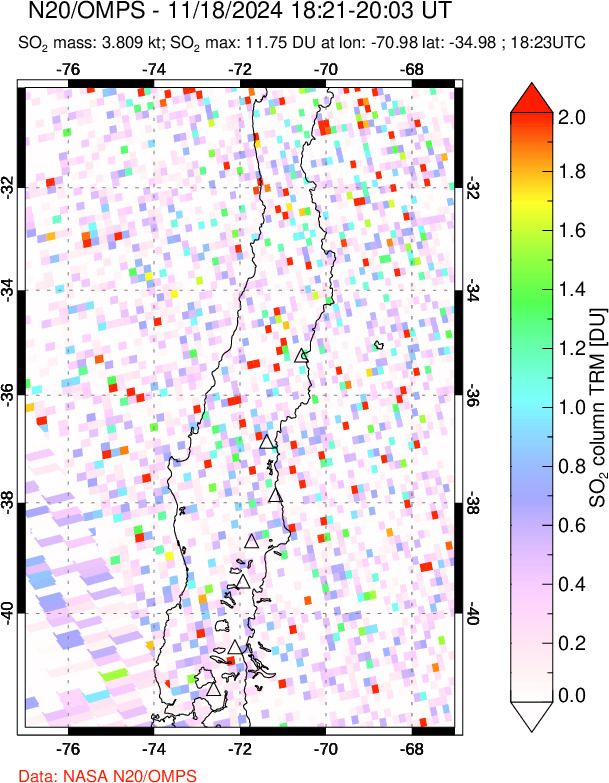 A sulfur dioxide image over Central Chile on Nov 18, 2024.