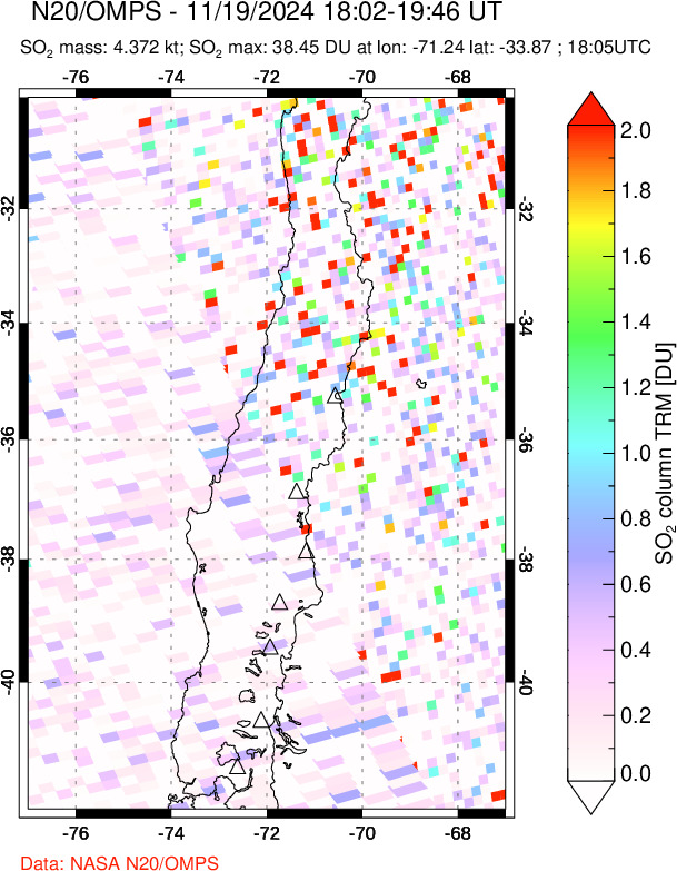 A sulfur dioxide image over Central Chile on Nov 19, 2024.