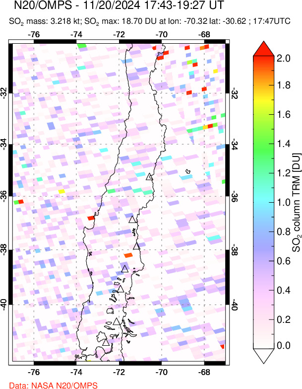 A sulfur dioxide image over Central Chile on Nov 20, 2024.