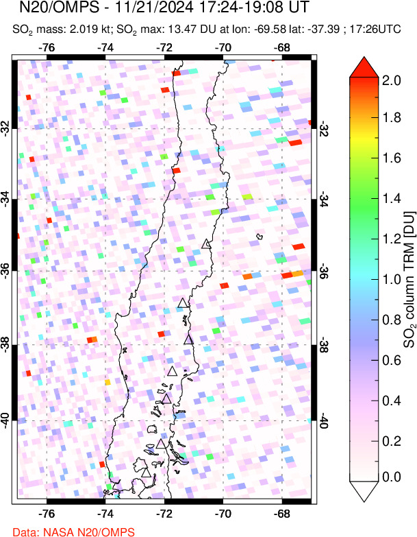 A sulfur dioxide image over Central Chile on Nov 21, 2024.