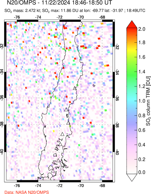 A sulfur dioxide image over Central Chile on Nov 22, 2024.