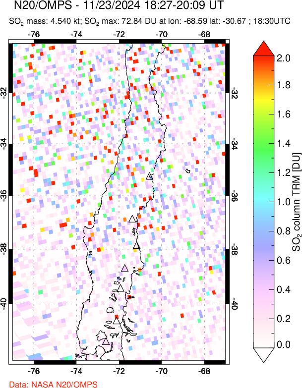 A sulfur dioxide image over Central Chile on Nov 23, 2024.