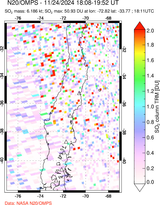 A sulfur dioxide image over Central Chile on Nov 24, 2024.