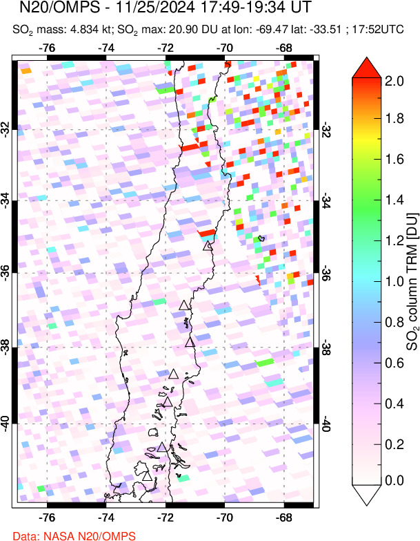 A sulfur dioxide image over Central Chile on Nov 25, 2024.