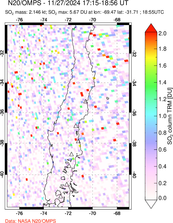 A sulfur dioxide image over Central Chile on Nov 27, 2024.