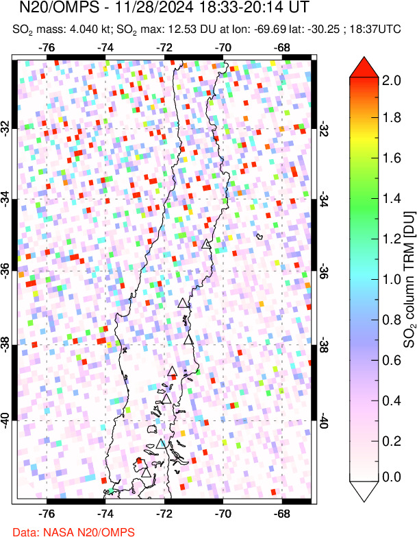 A sulfur dioxide image over Central Chile on Nov 28, 2024.