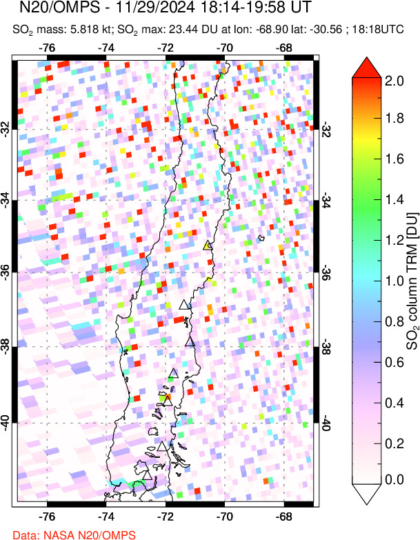 A sulfur dioxide image over Central Chile on Nov 29, 2024.