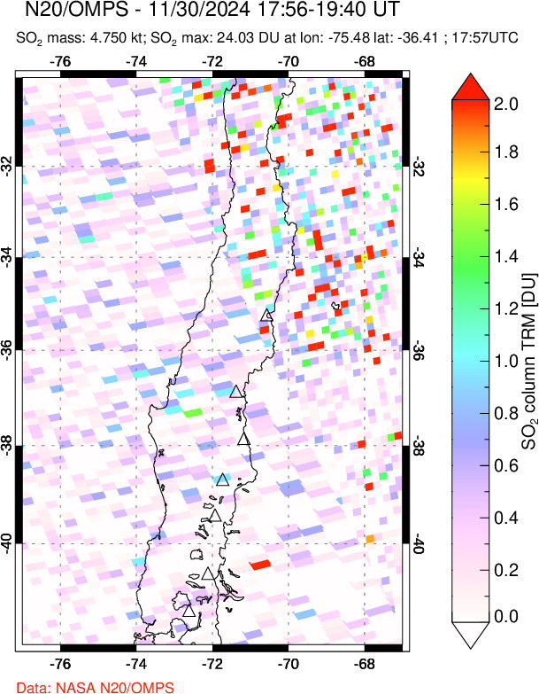 A sulfur dioxide image over Central Chile on Nov 30, 2024.