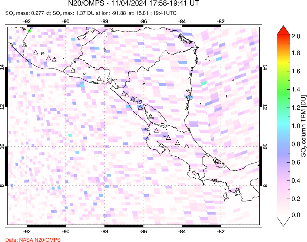 A sulfur dioxide image over Central America on Nov 04, 2024.