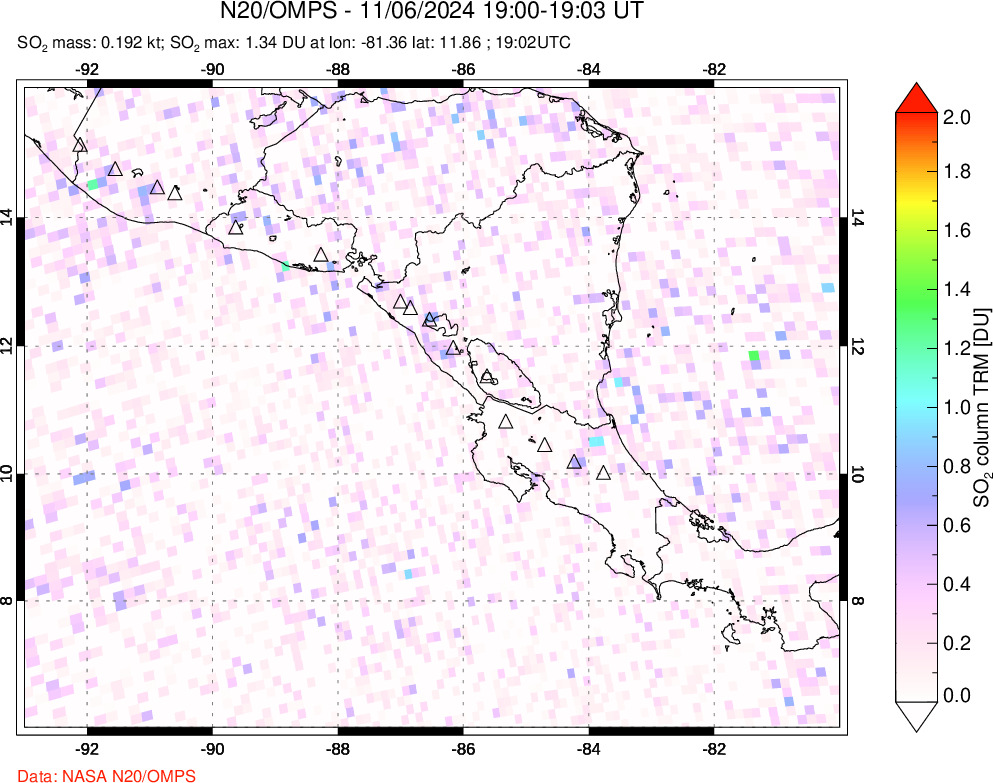 A sulfur dioxide image over Central America on Nov 06, 2024.