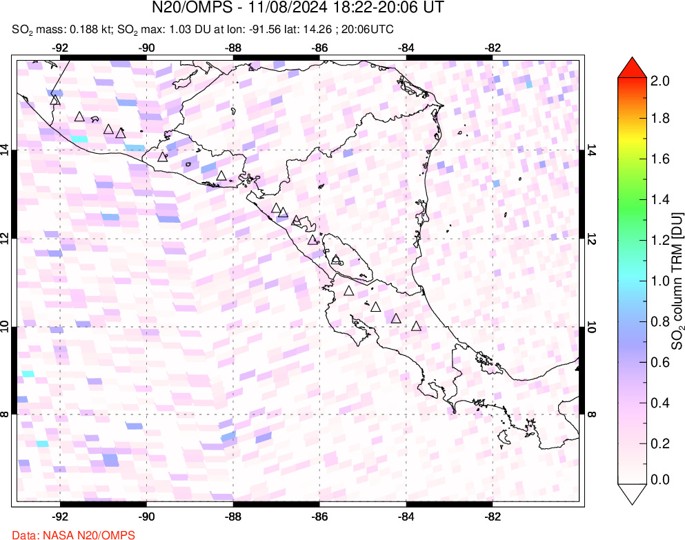 A sulfur dioxide image over Central America on Nov 08, 2024.