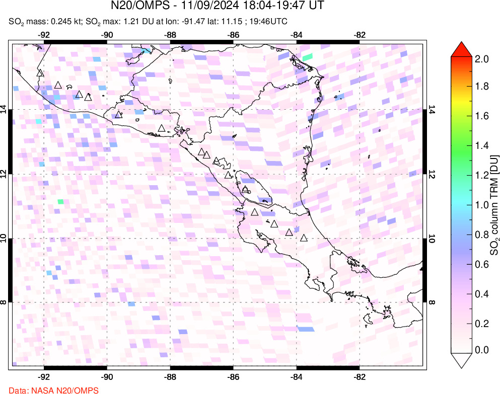 A sulfur dioxide image over Central America on Nov 09, 2024.