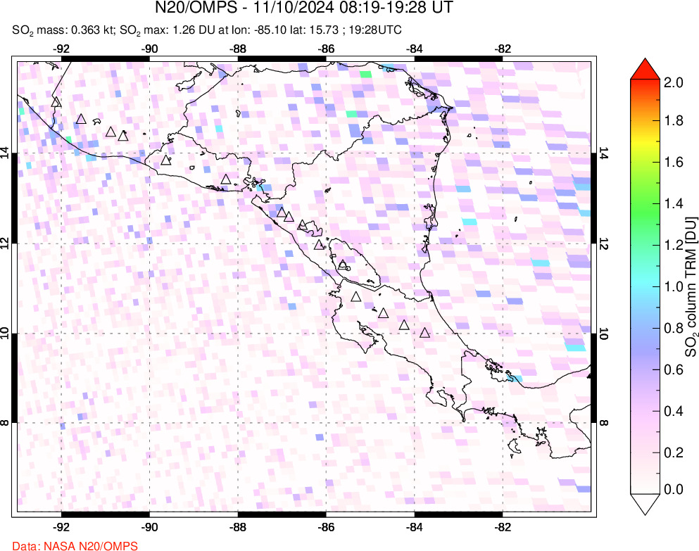 A sulfur dioxide image over Central America on Nov 10, 2024.