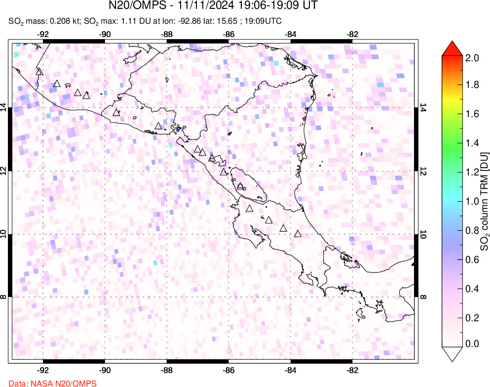 A sulfur dioxide image over Central America on Nov 11, 2024.