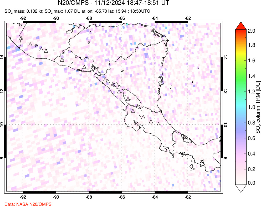 A sulfur dioxide image over Central America on Nov 12, 2024.