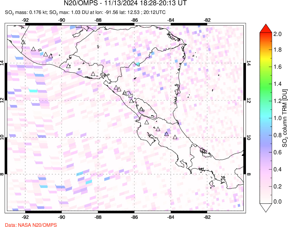 A sulfur dioxide image over Central America on Nov 13, 2024.