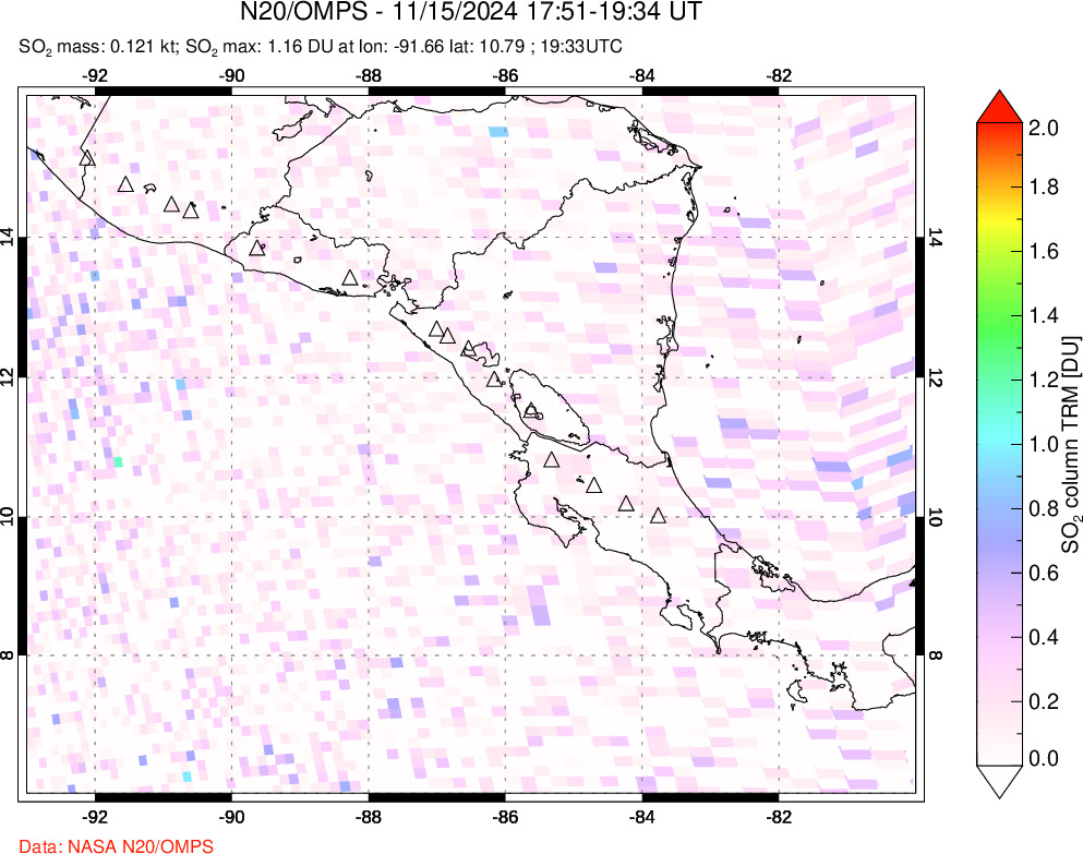 A sulfur dioxide image over Central America on Nov 15, 2024.