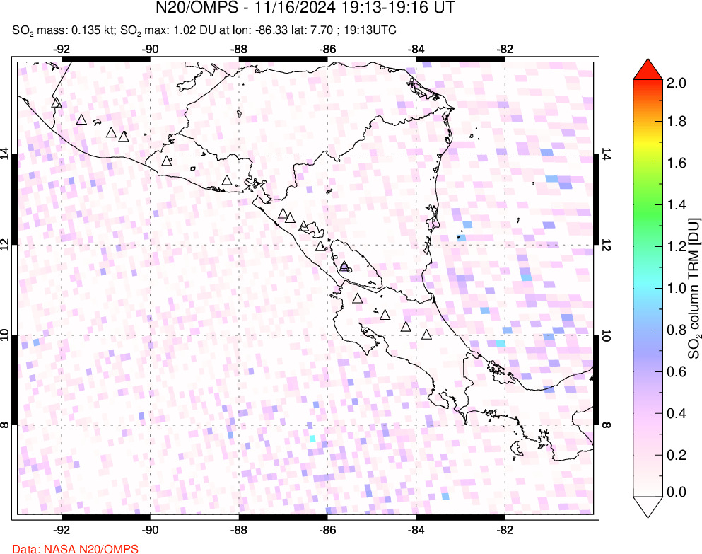 A sulfur dioxide image over Central America on Nov 16, 2024.