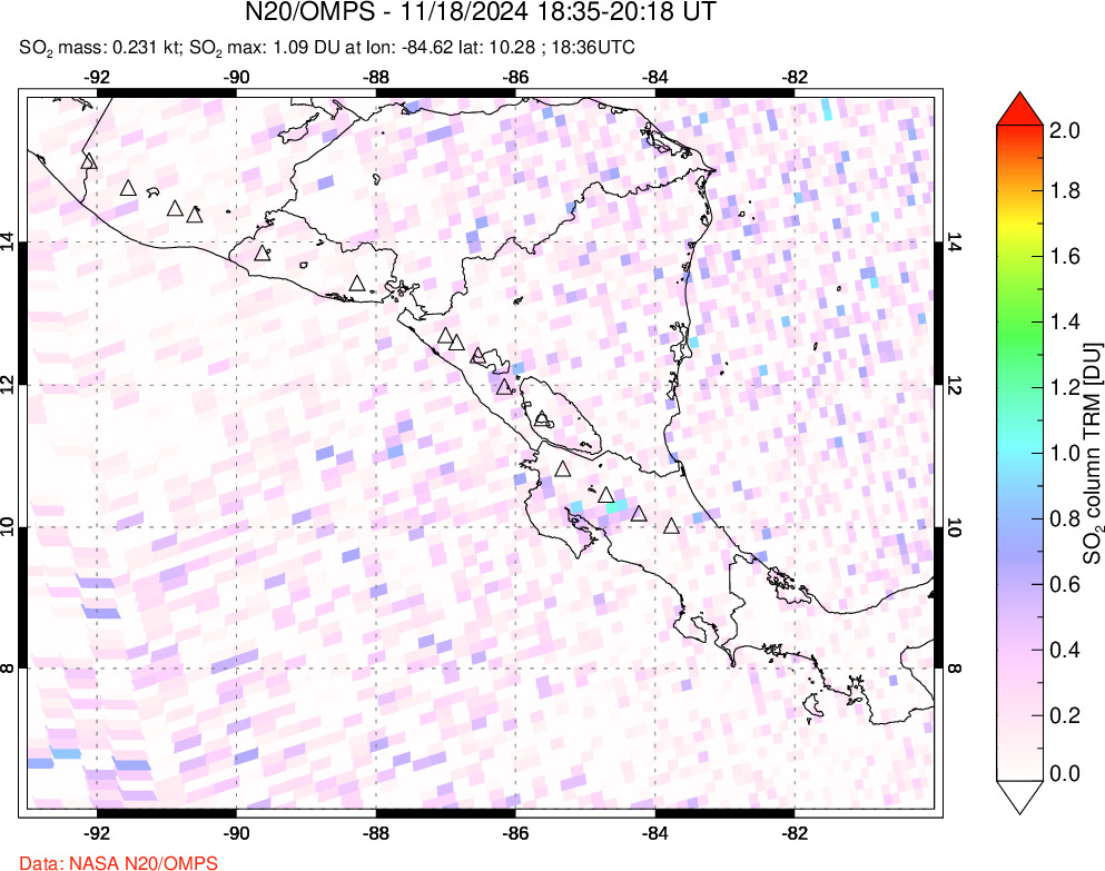 A sulfur dioxide image over Central America on Nov 18, 2024.