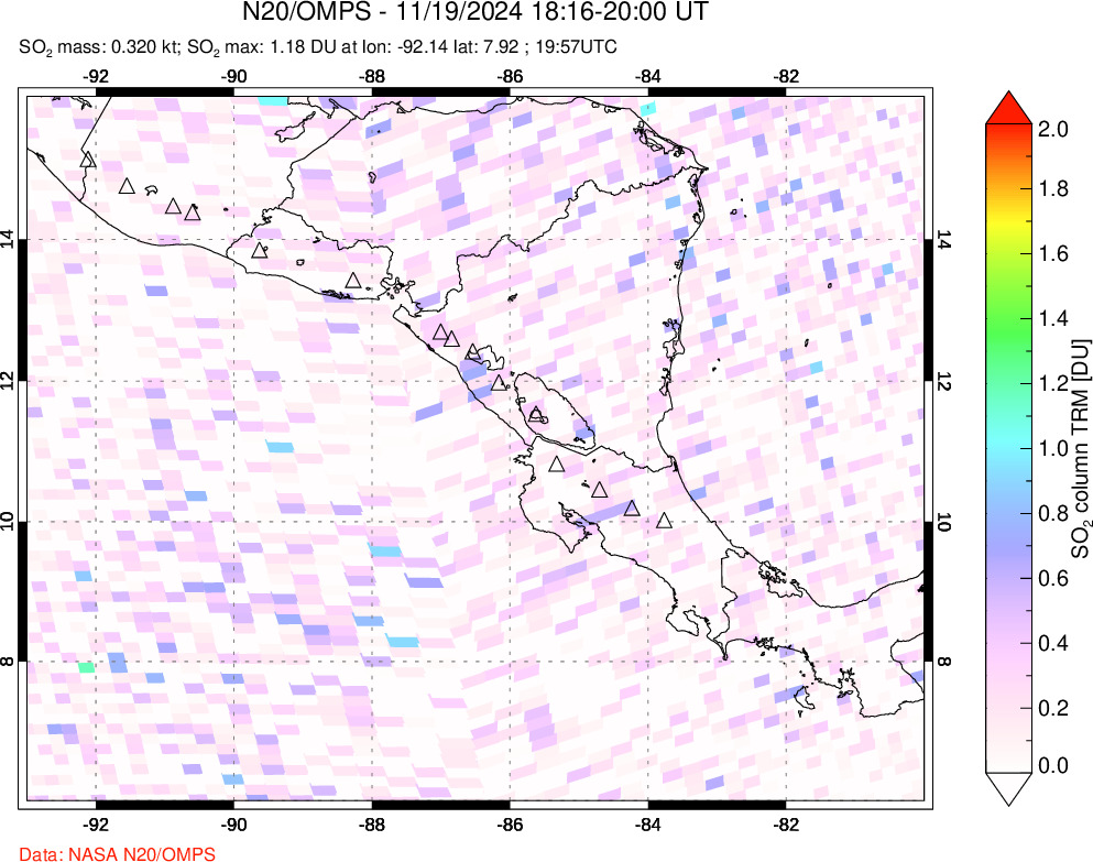 A sulfur dioxide image over Central America on Nov 19, 2024.