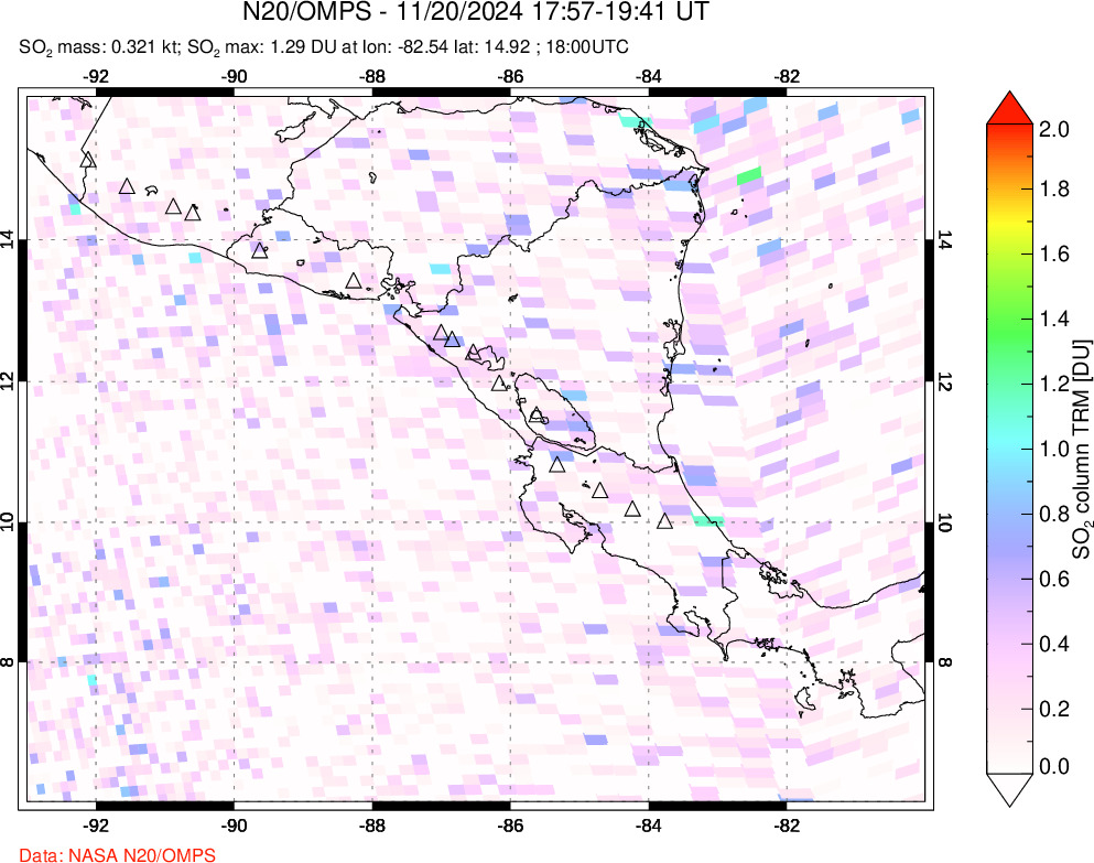 A sulfur dioxide image over Central America on Nov 20, 2024.