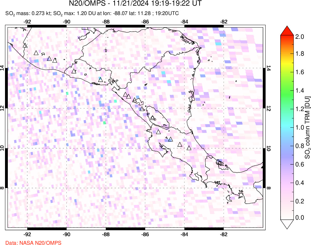 A sulfur dioxide image over Central America on Nov 21, 2024.