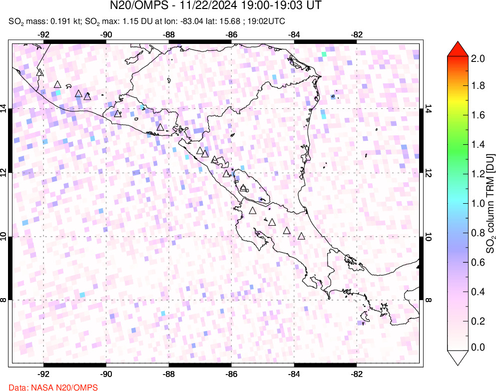 A sulfur dioxide image over Central America on Nov 22, 2024.