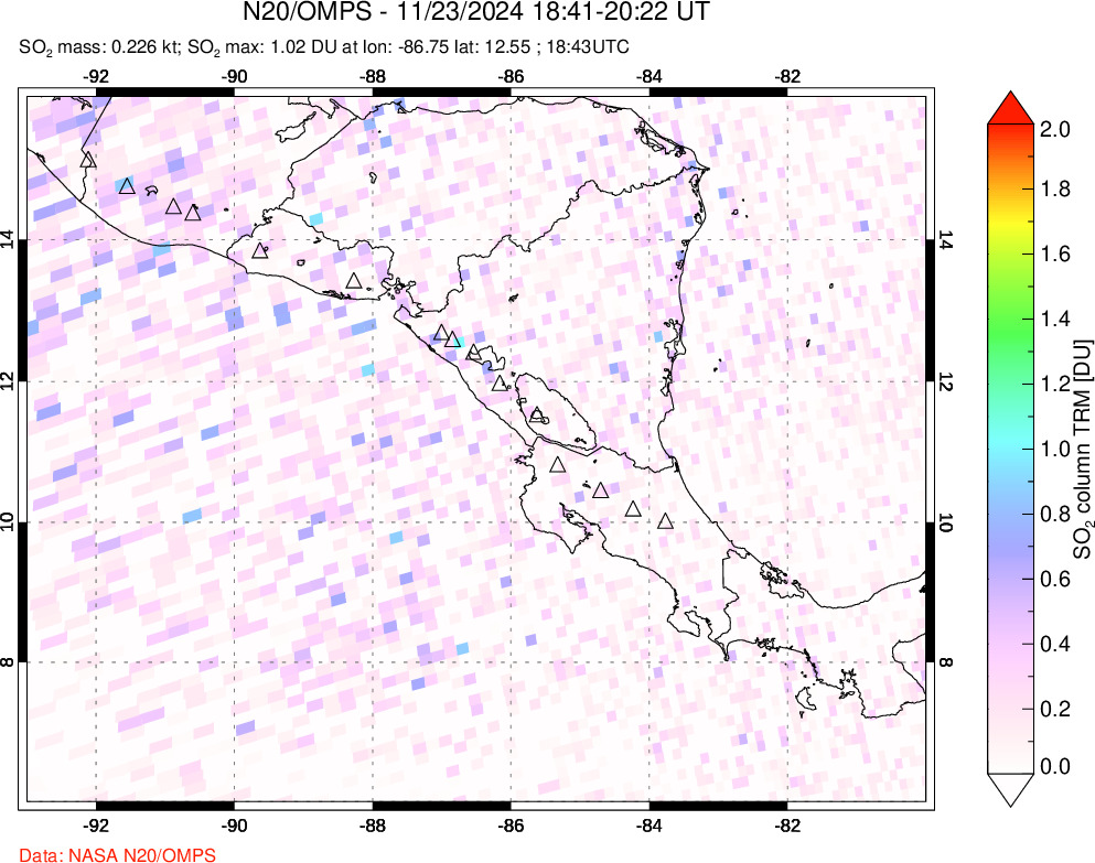 A sulfur dioxide image over Central America on Nov 23, 2024.