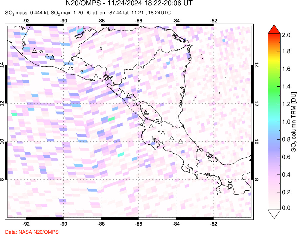 A sulfur dioxide image over Central America on Nov 24, 2024.