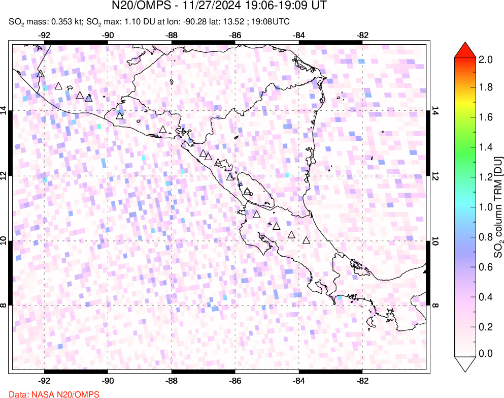 A sulfur dioxide image over Central America on Nov 27, 2024.