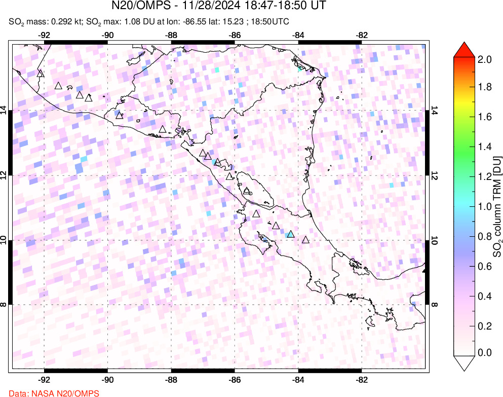 A sulfur dioxide image over Central America on Nov 28, 2024.