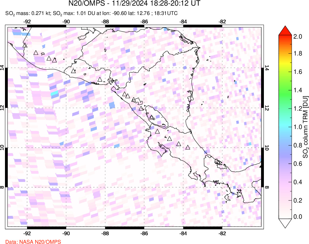 A sulfur dioxide image over Central America on Nov 29, 2024.