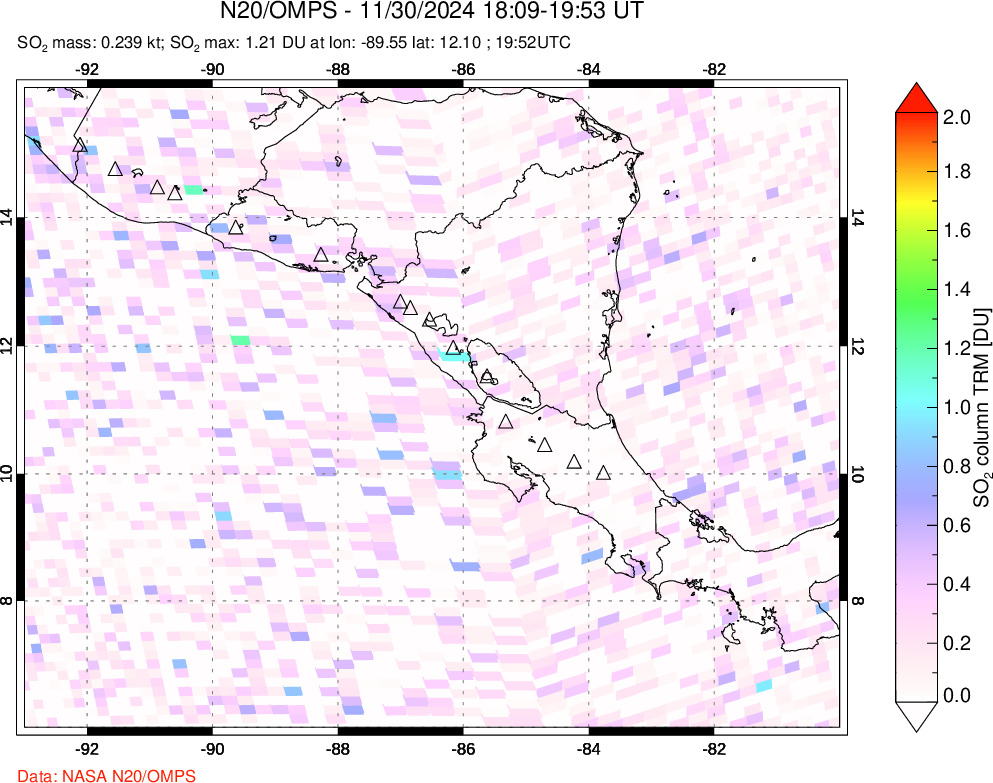 A sulfur dioxide image over Central America on Nov 30, 2024.