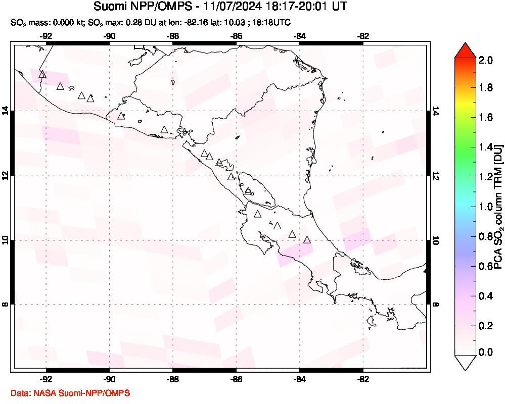 A sulfur dioxide image over Central America on Nov 07, 2024.