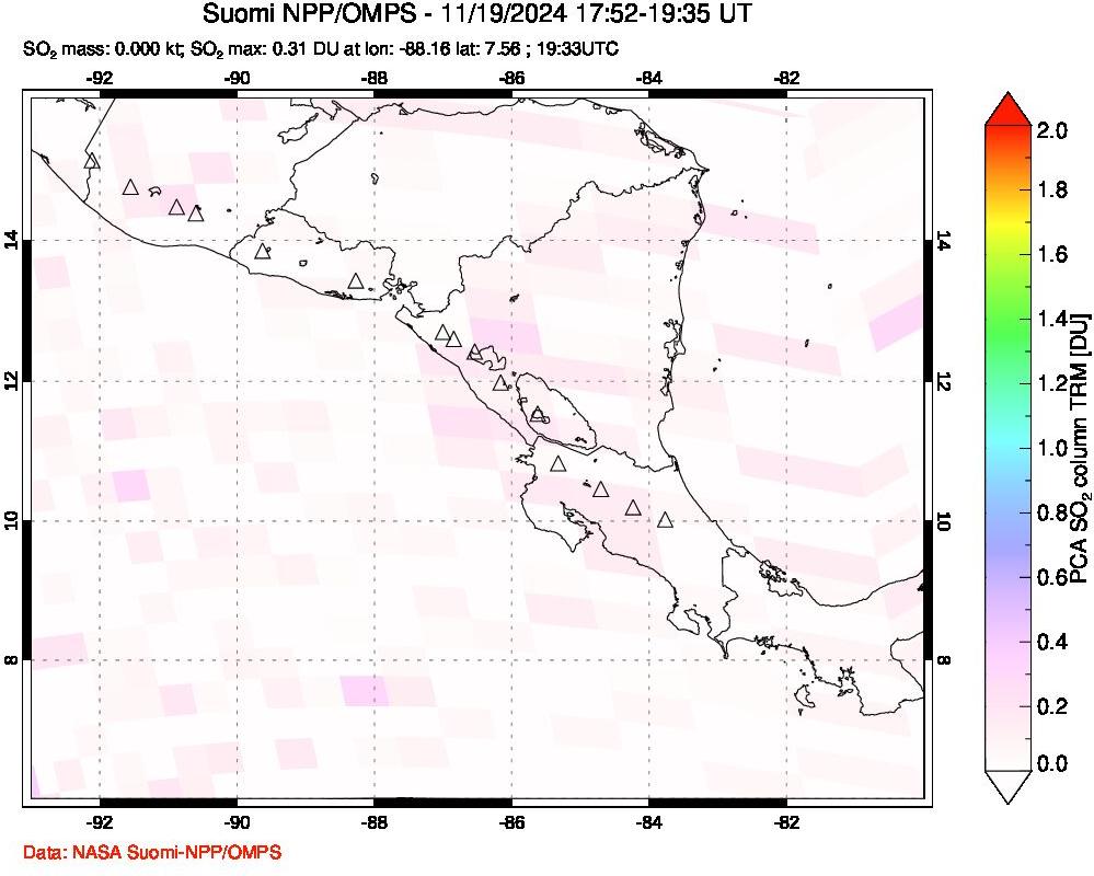 A sulfur dioxide image over Central America on Nov 19, 2024.