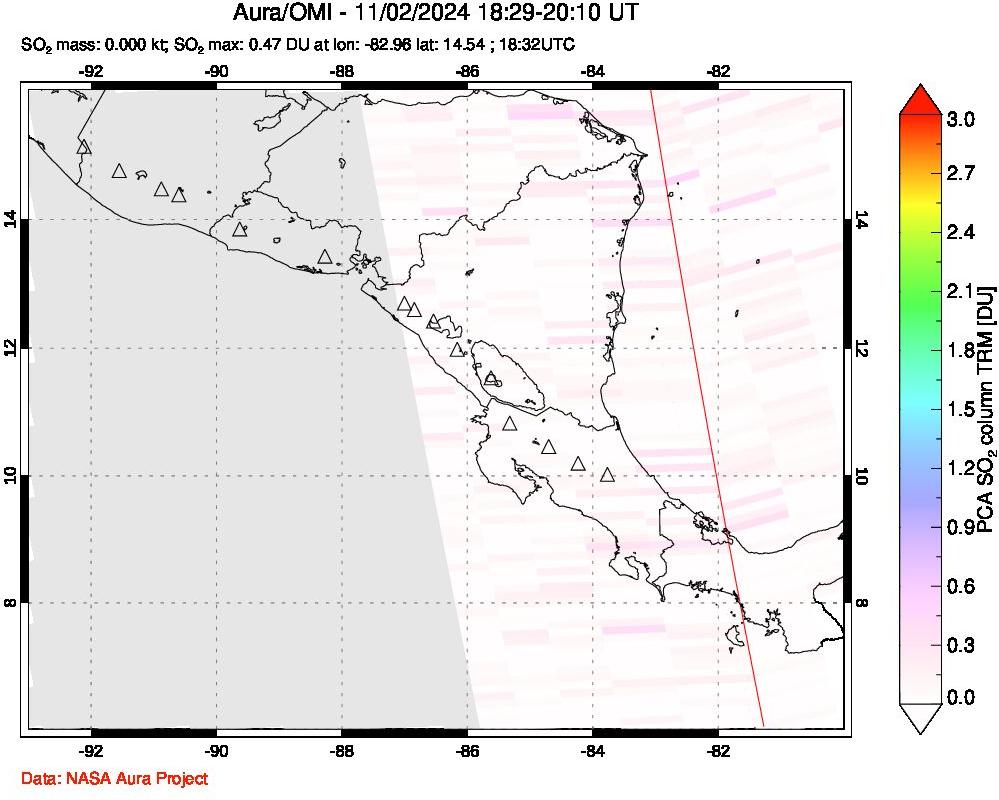 A sulfur dioxide image over Central America on Nov 02, 2024.