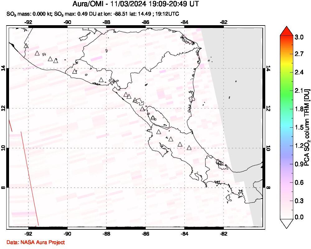 A sulfur dioxide image over Central America on Nov 03, 2024.