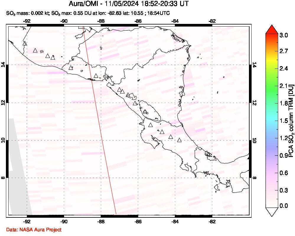 A sulfur dioxide image over Central America on Nov 05, 2024.