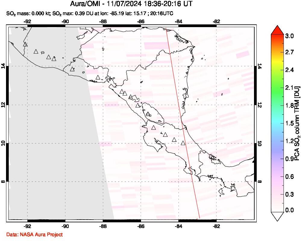 A sulfur dioxide image over Central America on Nov 07, 2024.