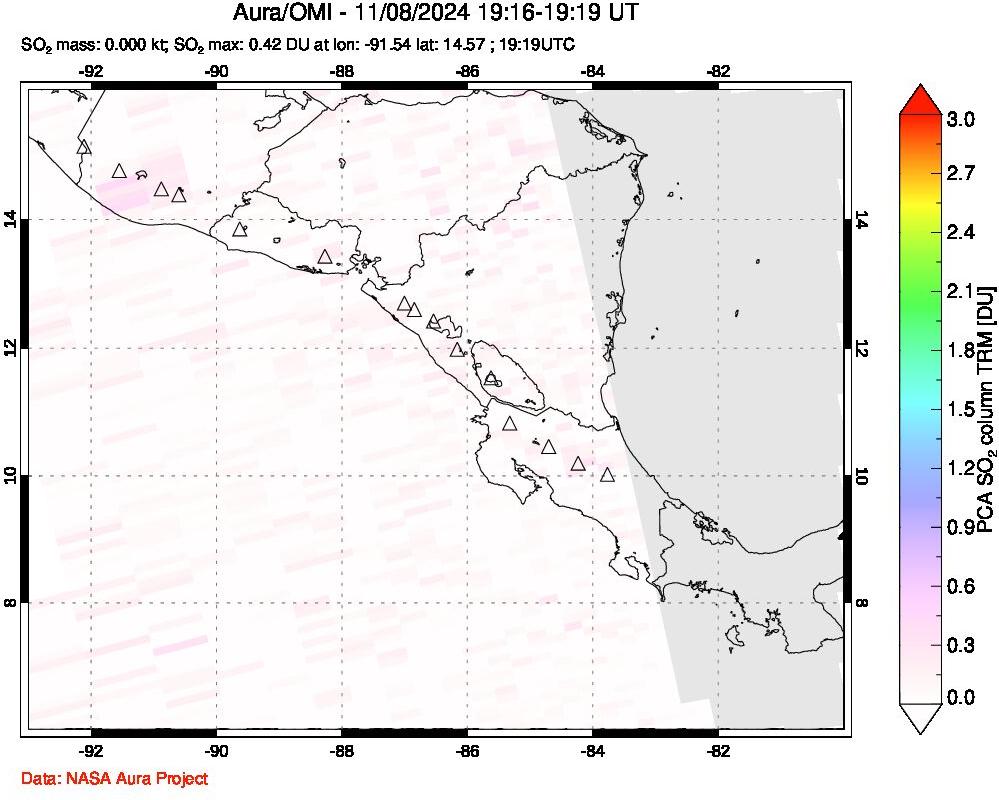 A sulfur dioxide image over Central America on Nov 08, 2024.