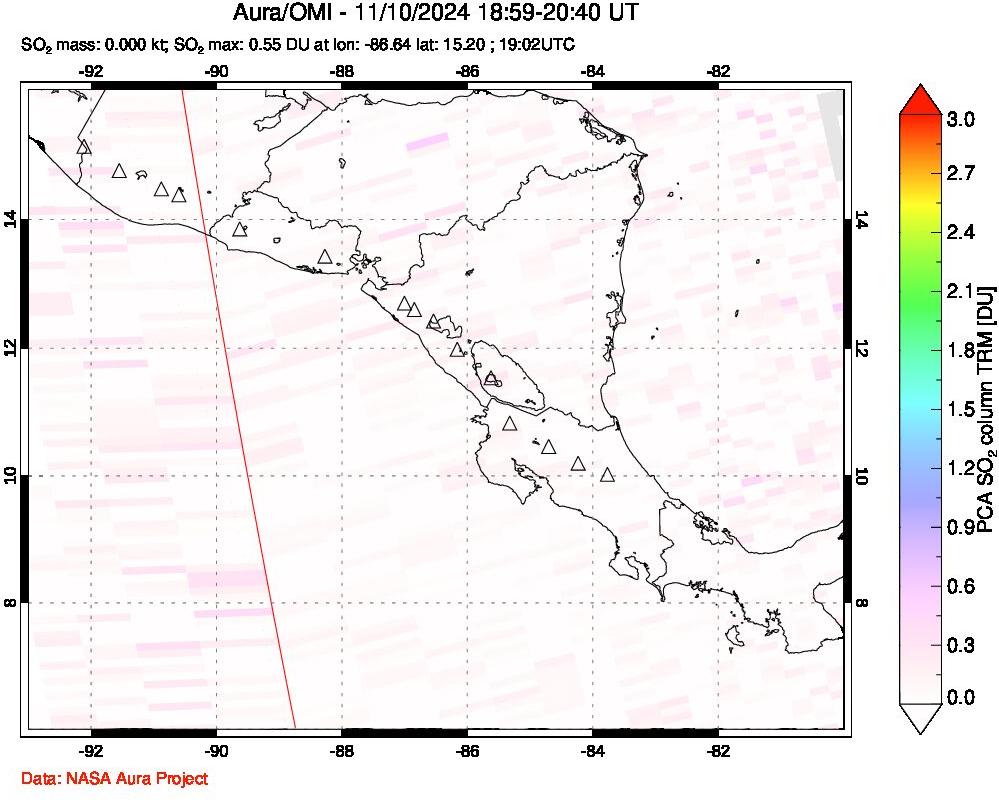 A sulfur dioxide image over Central America on Nov 10, 2024.