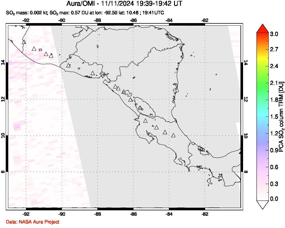 A sulfur dioxide image over Central America on Nov 11, 2024.