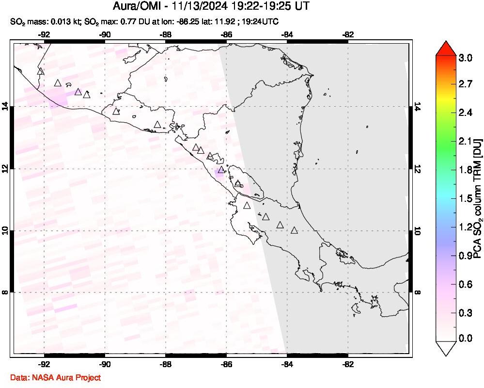 A sulfur dioxide image over Central America on Nov 13, 2024.