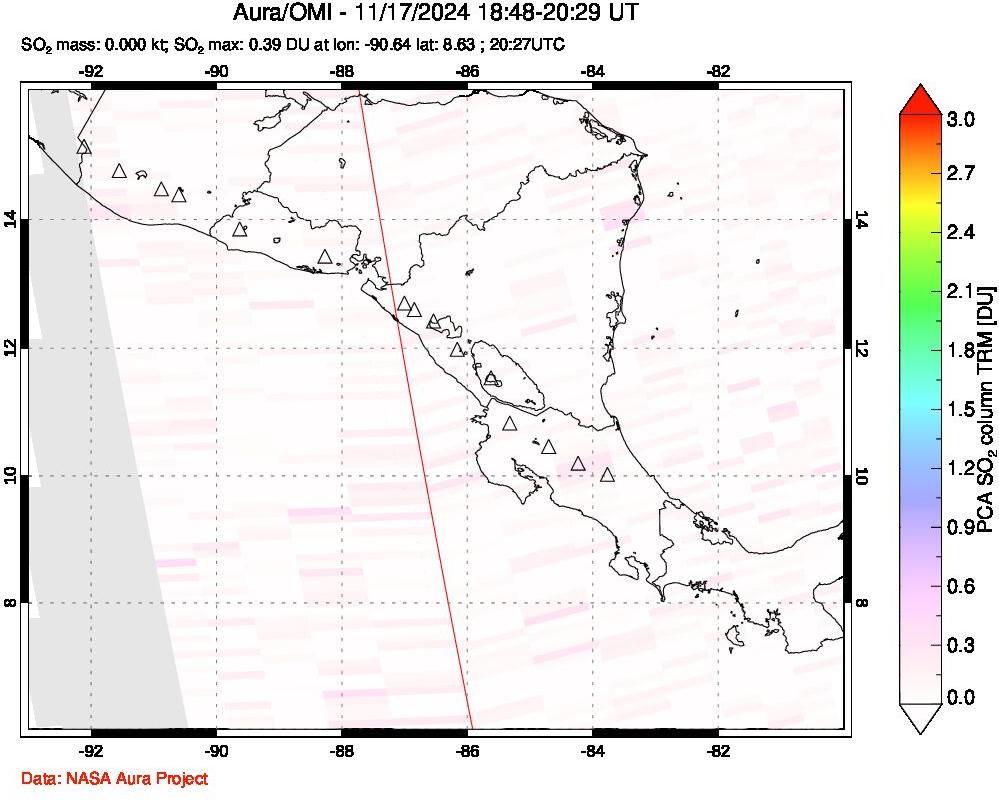 A sulfur dioxide image over Central America on Nov 17, 2024.