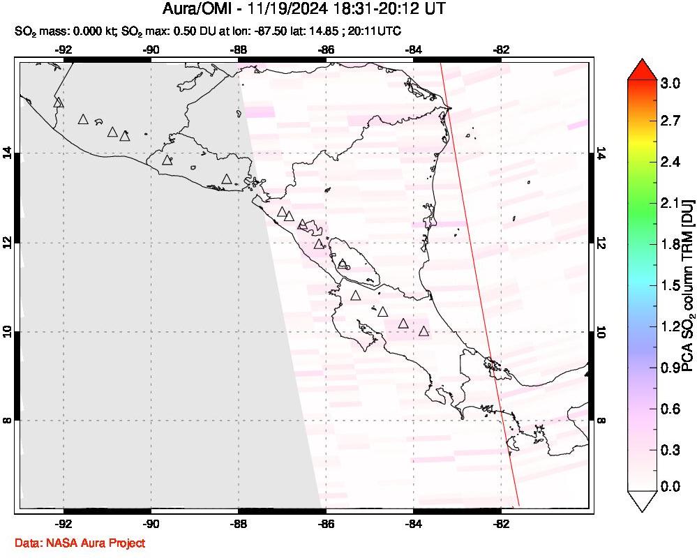 A sulfur dioxide image over Central America on Nov 19, 2024.