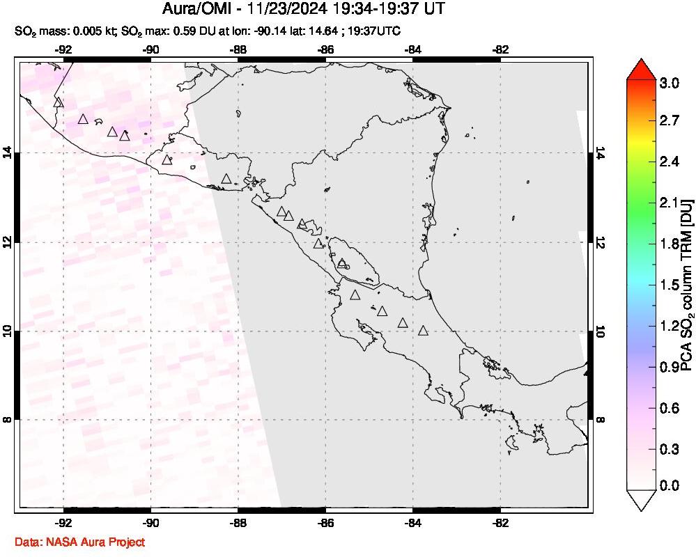 A sulfur dioxide image over Central America on Nov 23, 2024.