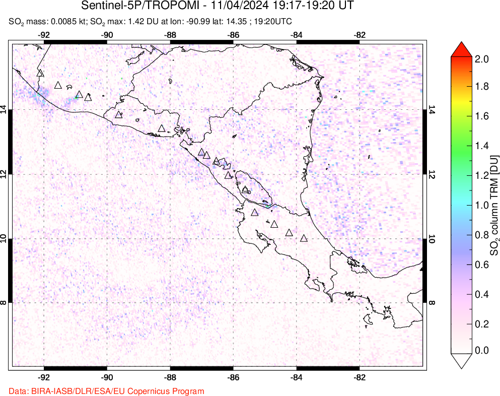 A sulfur dioxide image over Central America on Nov 04, 2024.