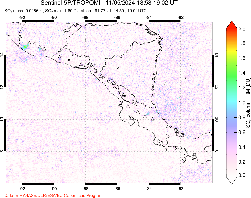 A sulfur dioxide image over Central America on Nov 05, 2024.