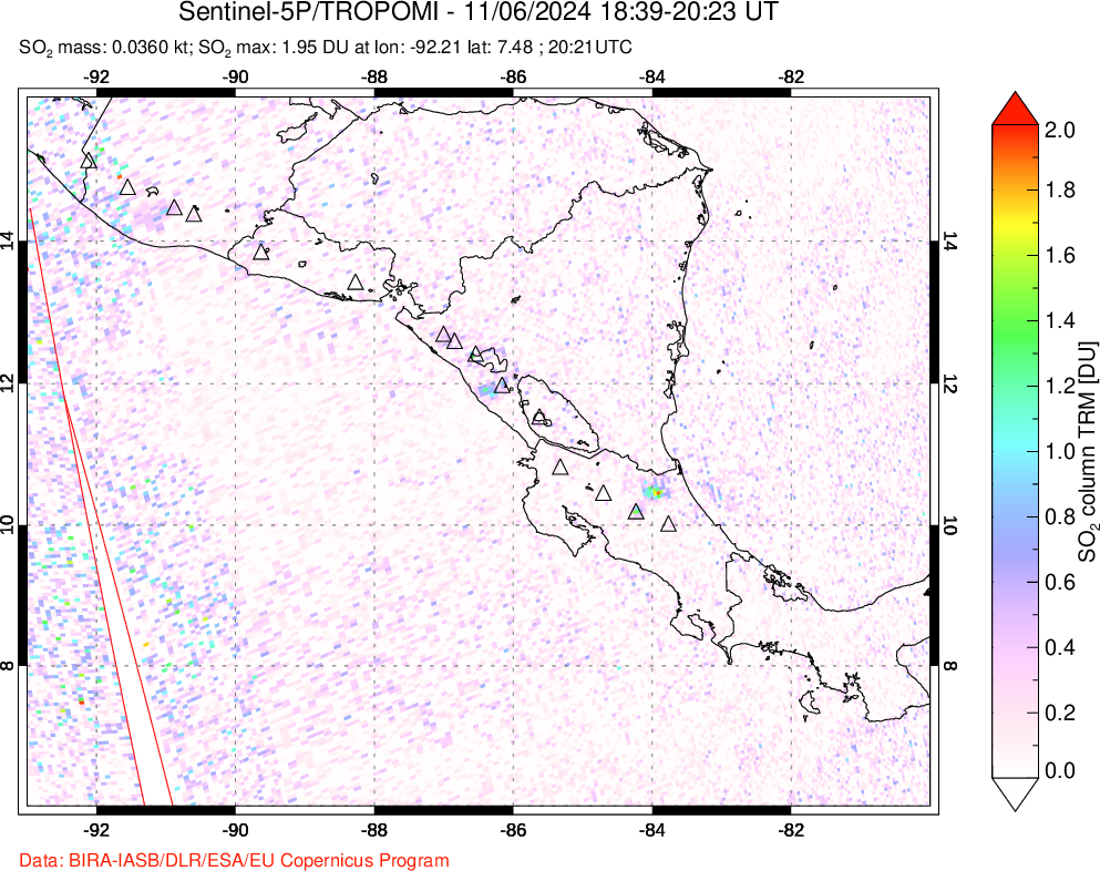 A sulfur dioxide image over Central America on Nov 06, 2024.