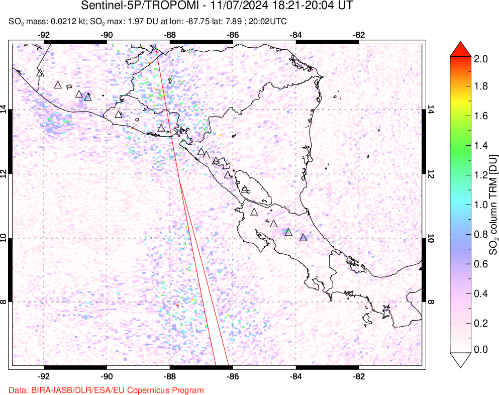 A sulfur dioxide image over Central America on Nov 07, 2024.